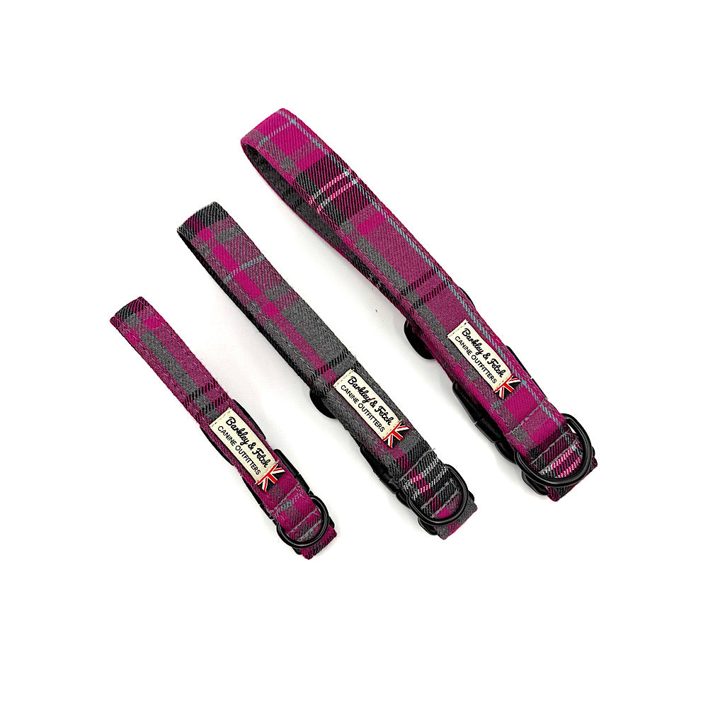 Pink & Grey Tartan dog collar