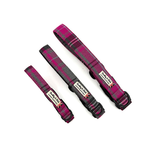 Pink & Grey Tartan dog collar