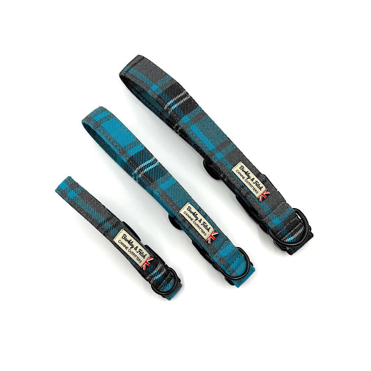 Turquoise & Grey Tartan dog collar