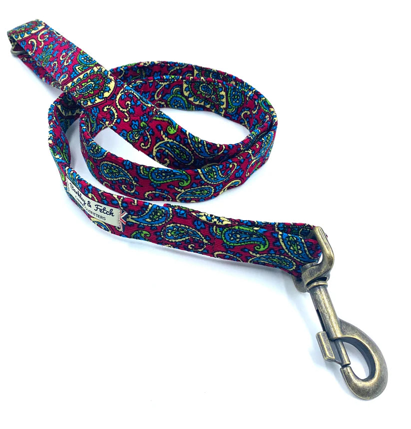 A colorful paisley patterned dog lead with a soft velvety texture, featuring a loop handle with an attachment ring and a steel trigger clip.