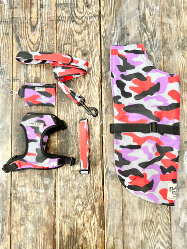 Weather proof red, grey & purple camo (leads,collars, harnesses and more)