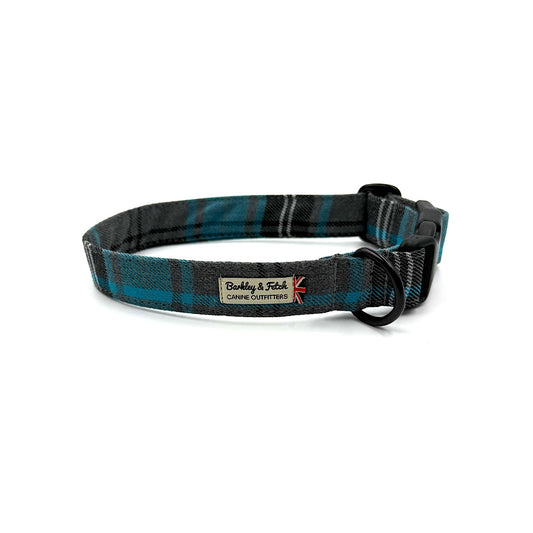 Turquoise & Grey Tartan dog collar