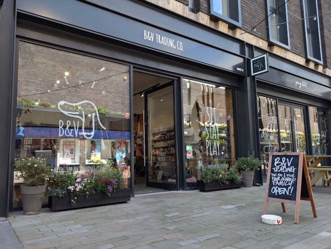 Storefront of B&V Trading Co with large windows, plants, and a chalkboard sign on a city street.