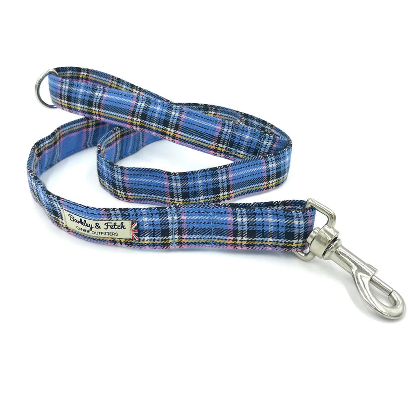 A sky-blue classic tartan dog lead with a comfortable loop handle, an accessory attachment ring, and a strong steel trigger clip.