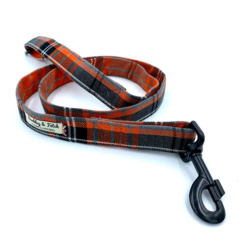 An orange and grey tartan pattern dog lead with a comfortable loop handle, an accessory attachment ring, and a strong, antique-style steel trigger clip.