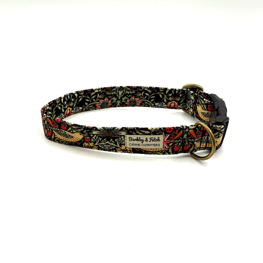 Black Strawberry Thief Print dog collar
