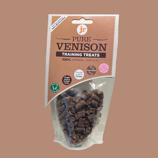 A package of JR pets pure venison training treats displayed against a neutral background.