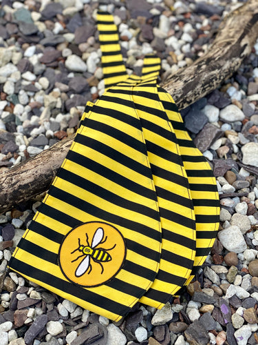 Manchester Bee “Happy Bee yellow & black stripe” tie-on dog bandana