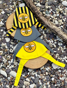 Manchester Bee “Happy Bee yellow & black stripe” tie-on dog bandana