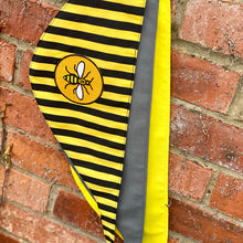 Load image into Gallery viewer, Manchester Bee “Happy Bee yellow &amp; black stripe” tie-on dog bandana