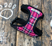 Load image into Gallery viewer, Handmade dog harness in bright pink tartan