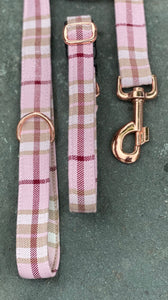 Pink/red/beige check collars & lead